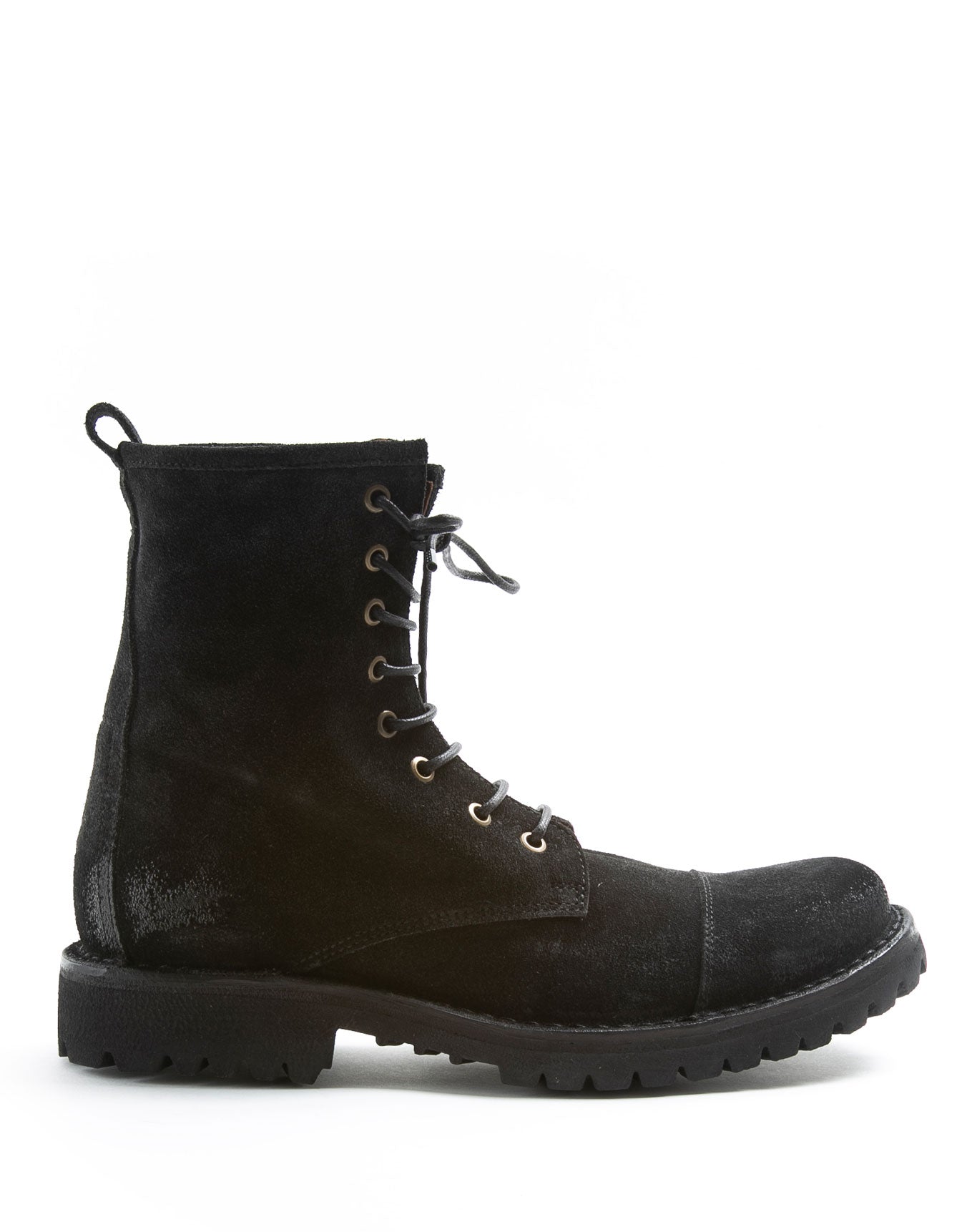 Fiorentini + Baker, ETERNITY MASSIVE M-EIGHT, Black suede lace-up military style men boots with thick rubber sole-Made in Italy-side