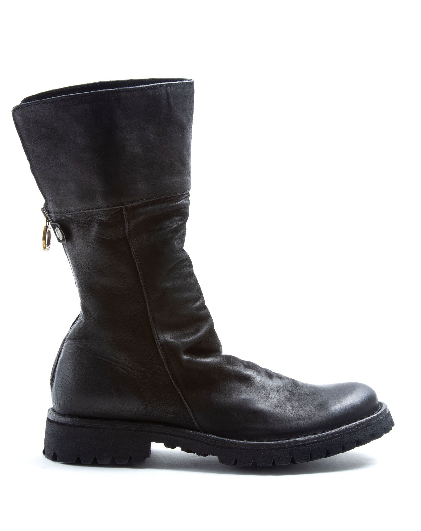 FIORENTINI + BAKER, ETERNITY MASSIVE M-ELLA, Black leather mid height boot with turn down cuff, rear zip and thick rubber sole. Handcrafted by skilled artisans. Made in Italy. Made to last.