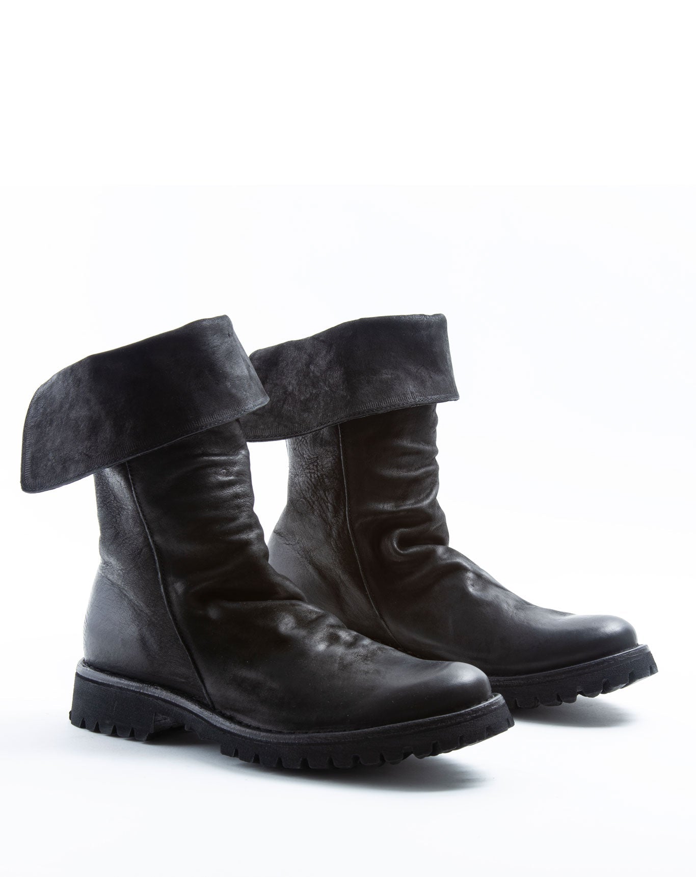 FIORENTINI + BAKER, ETERNITY MASSIVE M-ELLA, Black leather mid height boot with turn down cuff, rear zip and thick rubber sole. Handcrafted by skilled artisans. Made in Italy. Made to last.