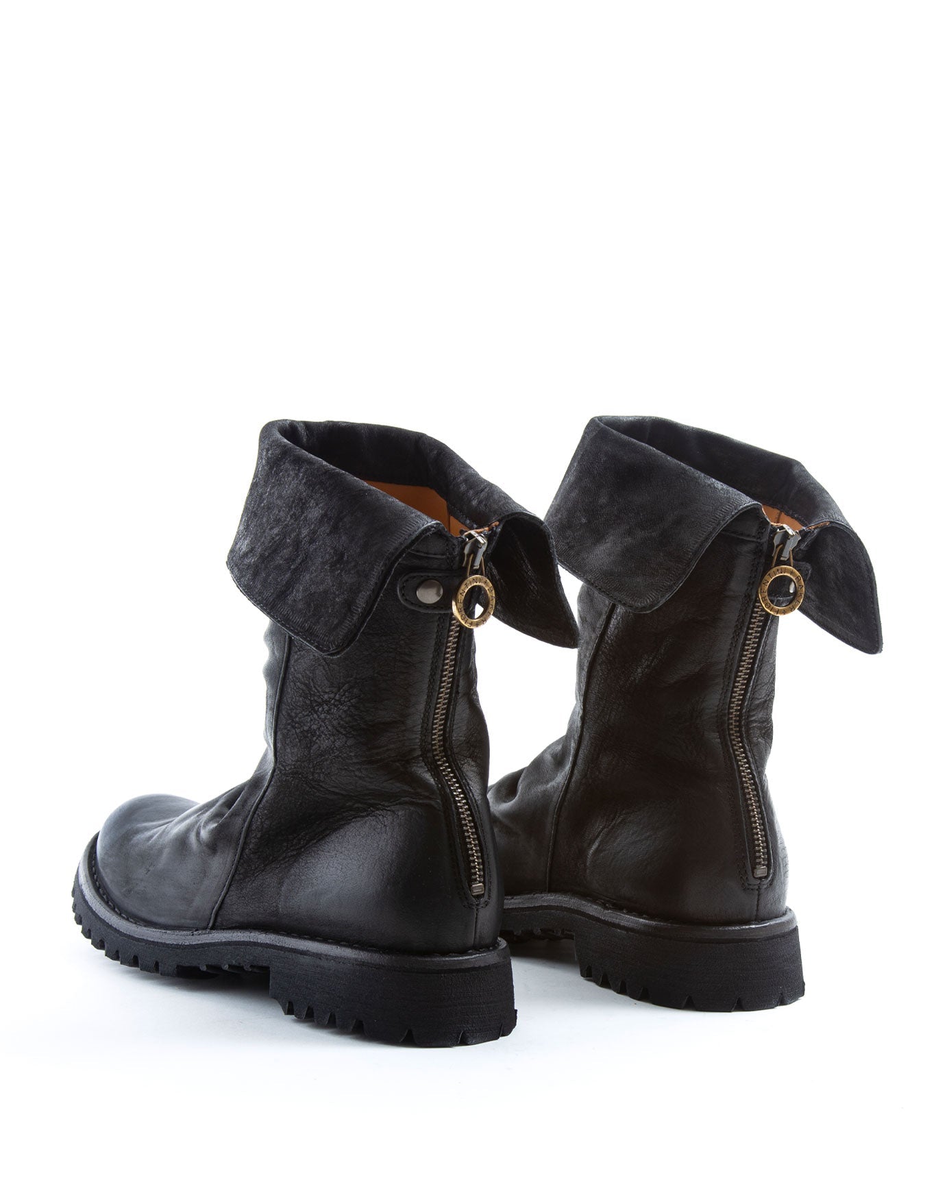 FIORENTINI + BAKER, ETERNITY MASSIVE M-ELLA, Black leather mid height boot with turn down cuff, rear zip and thick rubber sole. Handcrafted by skilled artisans. Made in Italy. Made to last.