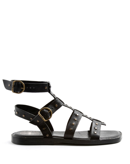 Fiorentini + Baker, ZANTE ZEN, Women flat sandals with buckled straps and metallic studs in black leather-Made in Italy-side