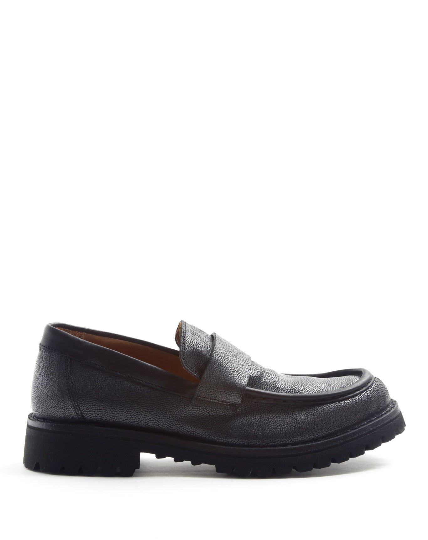 Fiorentini + Baker, ETERNITY MASSIVE M-EMMET, Dark silver leather loafer with thick rubber sole-Made in Italy-side