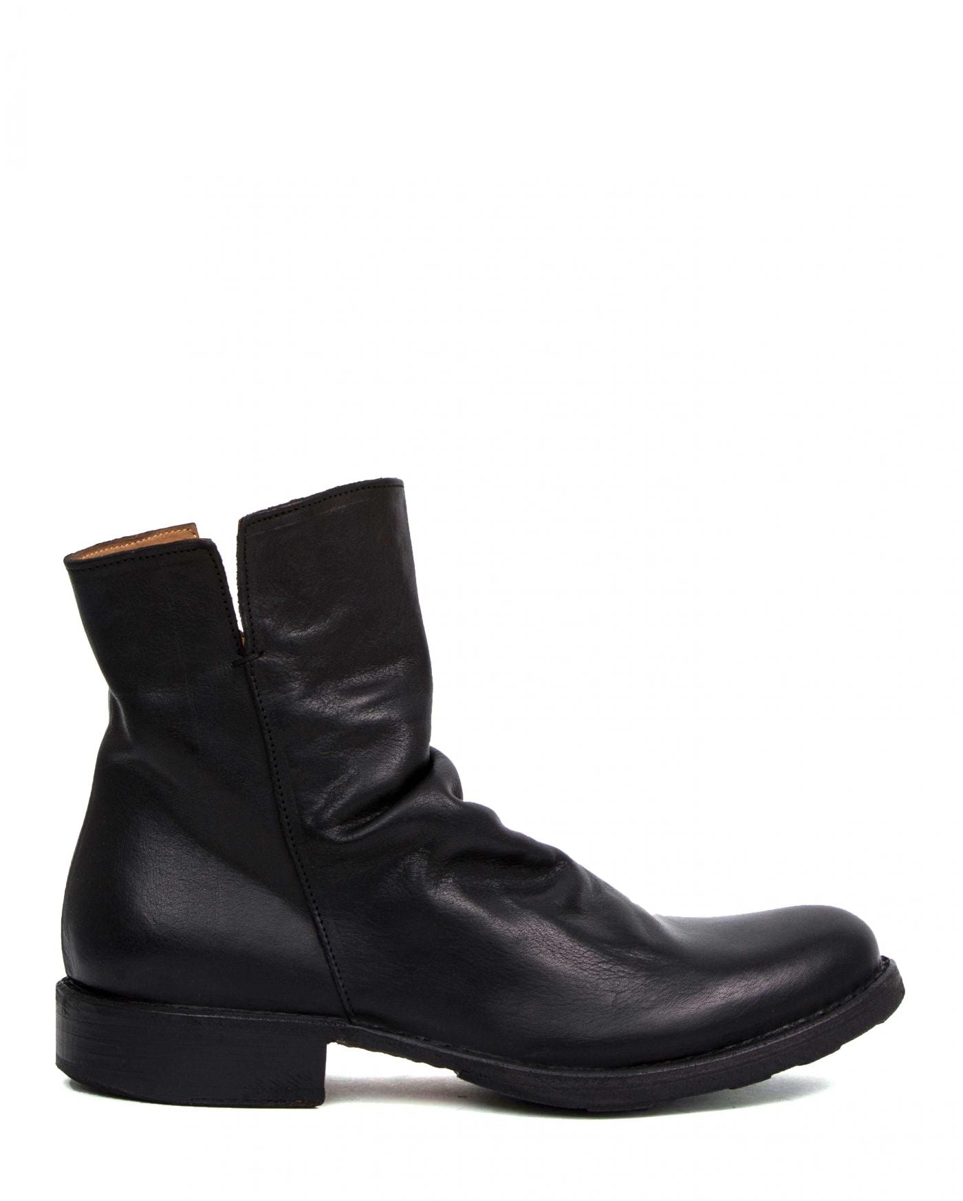 Fiorentini + Baker, ETERNITY ELF, Black smooth leather ankle boots with slightly ruched vamp and inside zip-Made in Italy-side