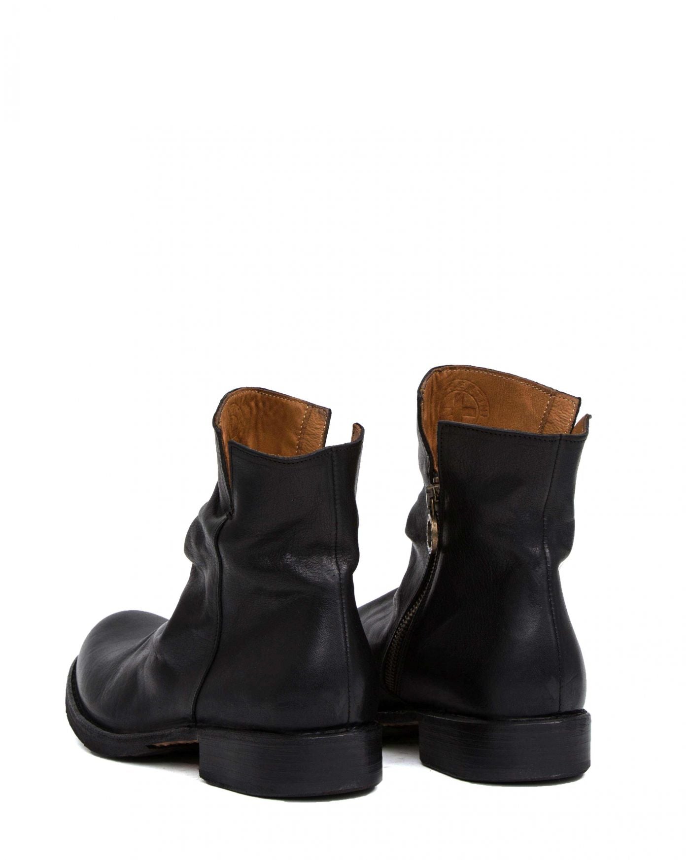 Fiorentini + Baker, ETERNITY ELF, Black smooth leather ankle boots with slightly ruched vamp and inside zip-Made in Italy-back