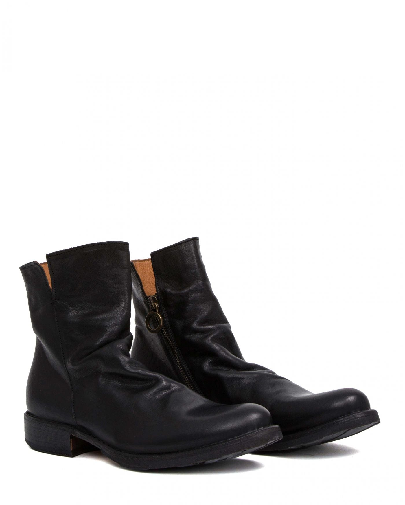 Fiorentini + Baker, ETERNITY ELF, Black smooth leather ankle boots with slightly ruched vamp and inside zip-Made in Italy-lateral