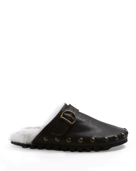 KALUA Black Leather Sheepskin Slide