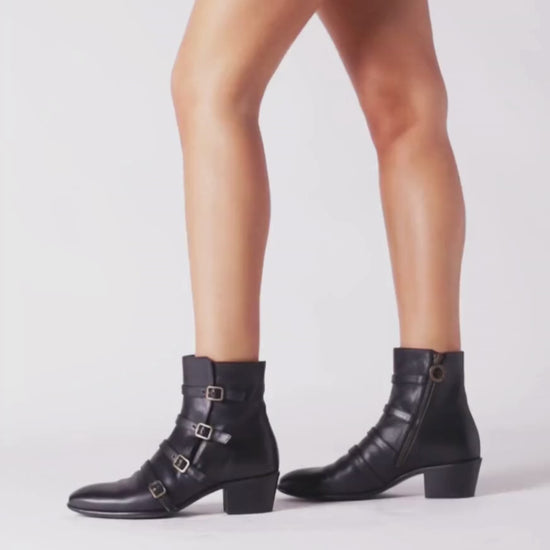 Fiorentini + Baker, MISTER MOOG, Black leather women ankle boots with multi buckles detail and slightly pointed toe-Made in Italy-video