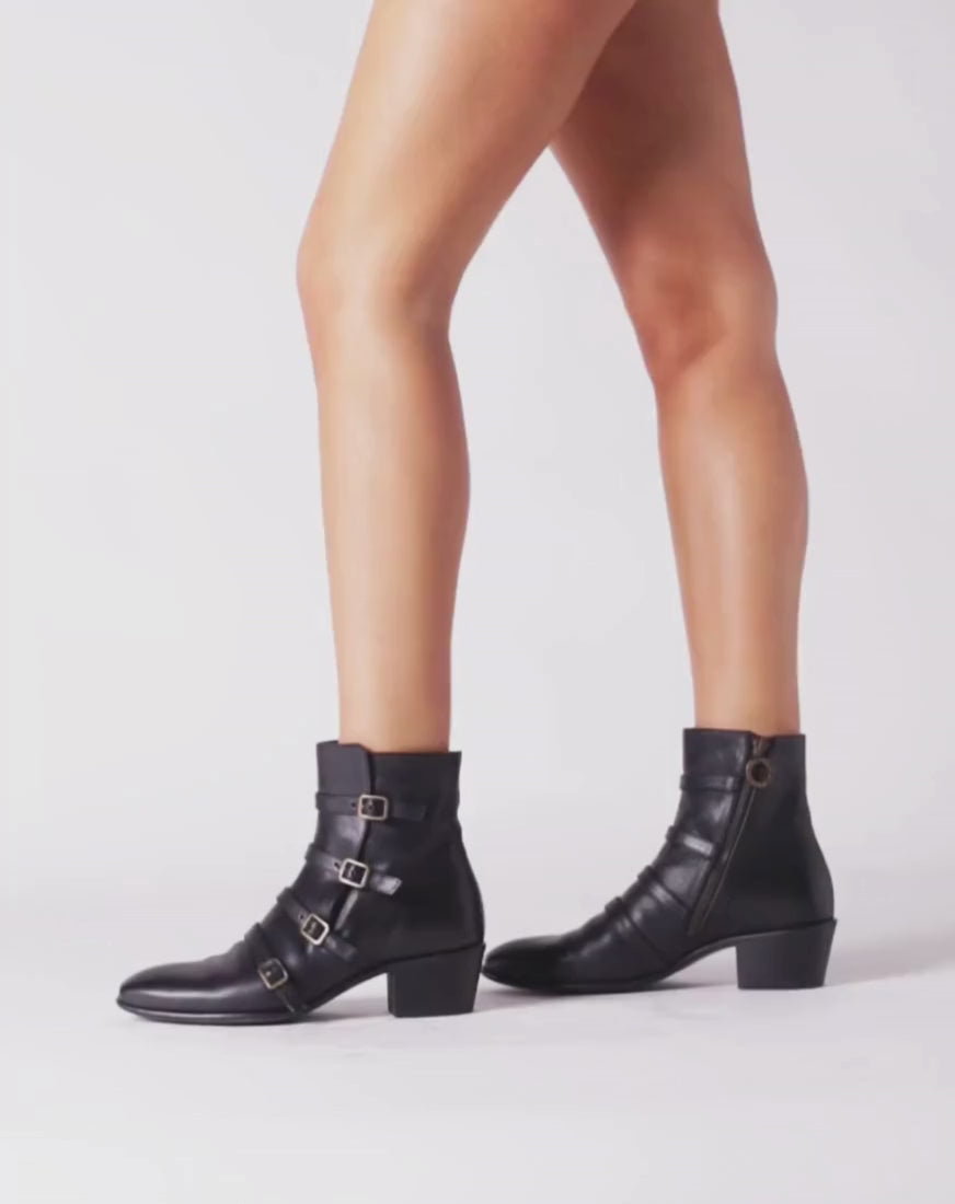 Fiorentini + Baker, MISTER MOOG, Black leather women ankle boots with multi buckles detail and slightly pointed toe-Made in Italy-video