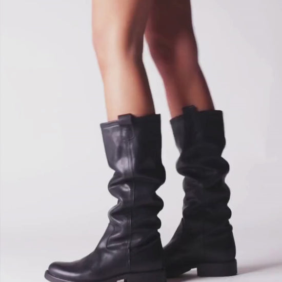 Fiorentini + Baker, ETERNITY EFFIE, Women black leather pull-on boots. Classic knee high riding boots-Made in Italy-video