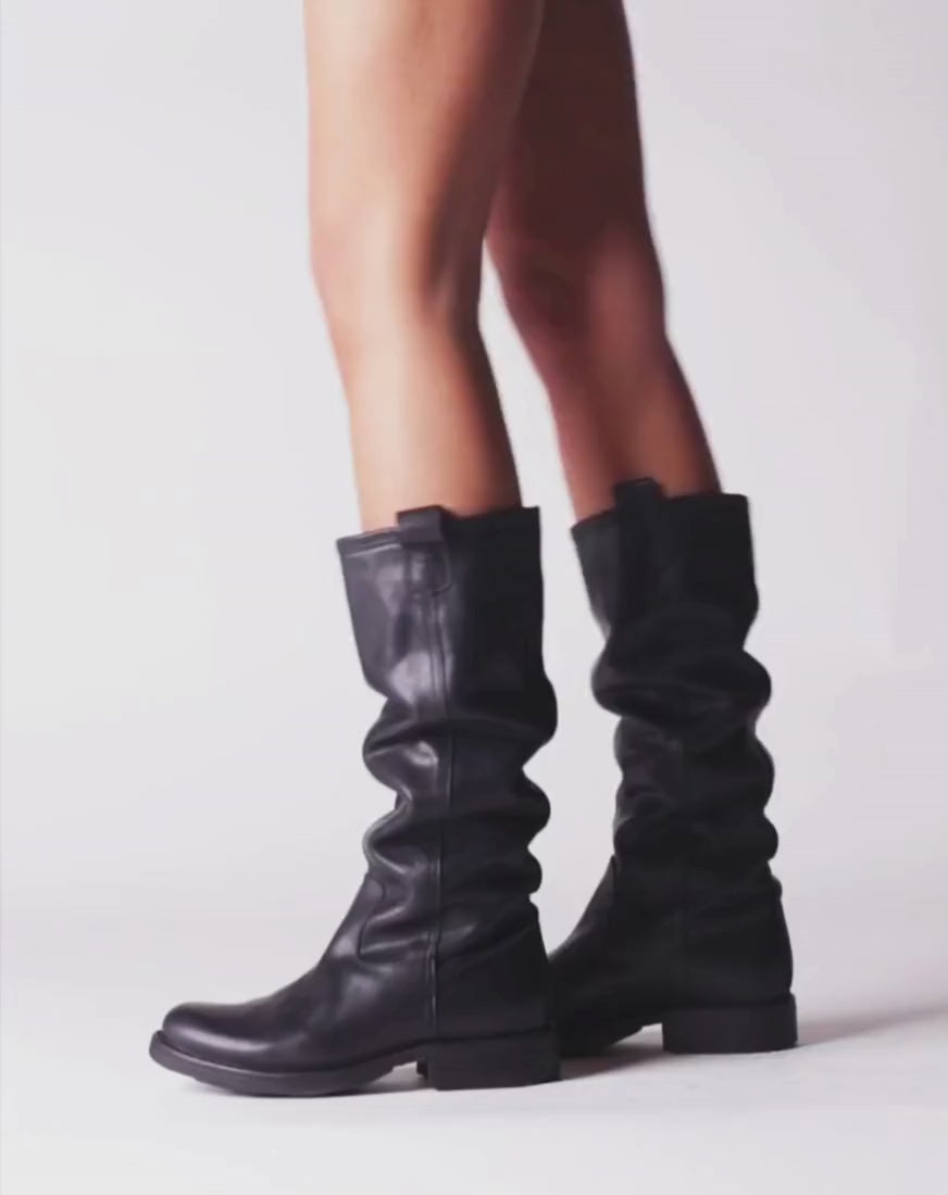 Fiorentini + Baker, ETERNITY EFFIE, Women black leather pull-on boots. Classic knee high riding boots-Made in Italy-video