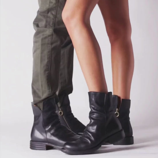 Fiorentini + Baker, ETERNITY ELF, Black smooth leather ankle boots with slightly ruched vamp and inside zip-Made in Italy-video