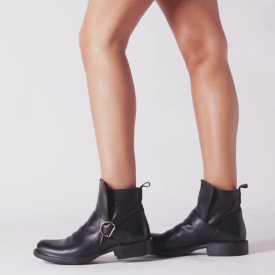 FIORENTINI + BAKER, ETERNITY EEK, Women biker ankle boots with adjustable strap in black smooth leather-Made in Italy-video