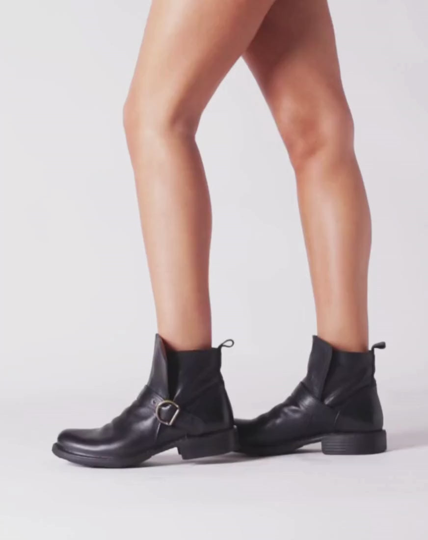 FIORENTINI + BAKER, ETERNITY EEK, Women biker ankle boots with adjustable strap in black smooth leather-Made in Italy-video