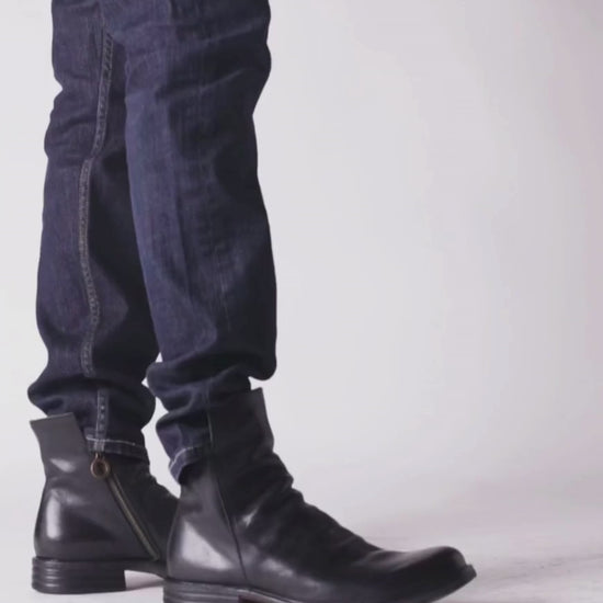 Fiorentini + Baker, ETERNITY ELF, Men black smooth leather ankle boots with slightly ruched vamp and inside zip-Made in Italy-video