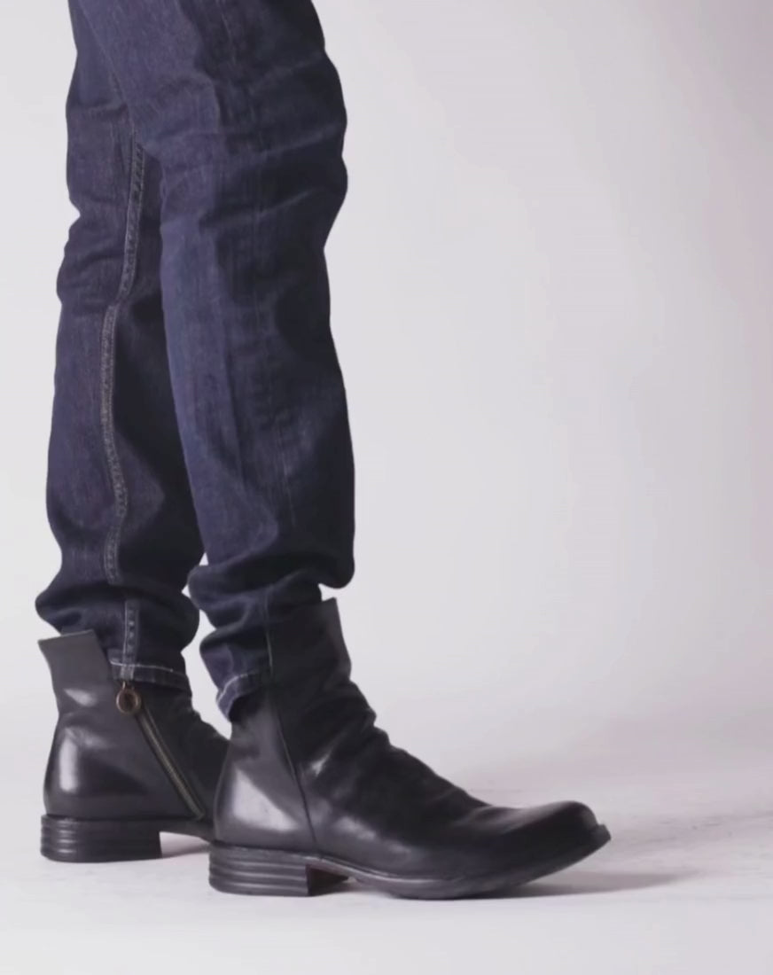 Fiorentini + Baker, ETERNITY ELF, Men black smooth leather ankle boots with slightly ruched vamp and inside zip-Made in Italy-video