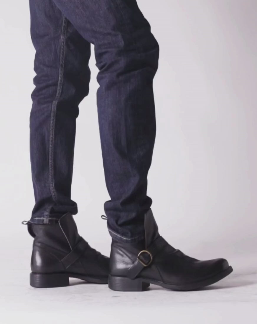 FIORENTINI + BAKER, ETERNITY EEK, Men biker ankle boots with adjustable strap in black smooth leather-Made in Italy-video