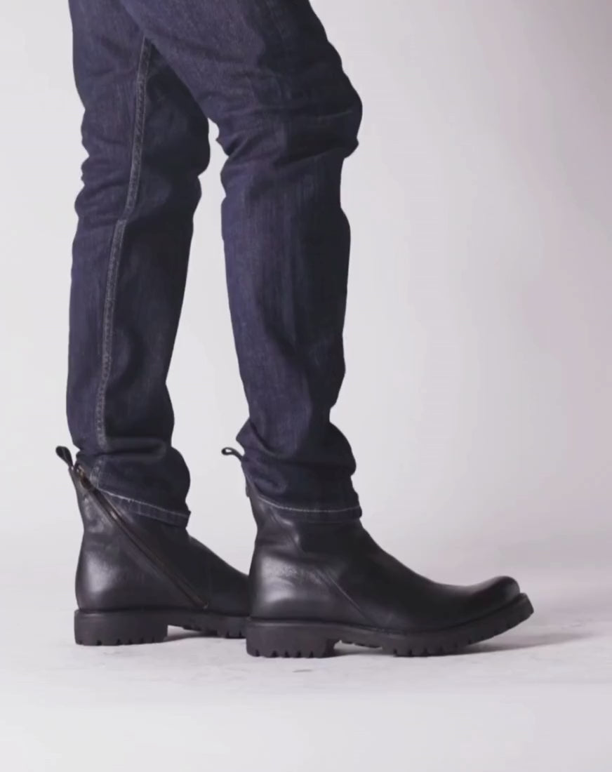 Fiorentini + Baker, ETERNITY MASSIVE M-EVI, Men black leather ankle boots with inside lateral zip and thick rubber sole-Made in Italy-video