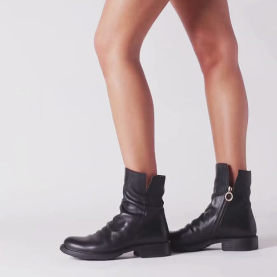 Fiorentini + Baker, ETERNITY ELF, Women black smooth leather ankle boots with slightly ruched vamp and inside zip-Made in Italy-video