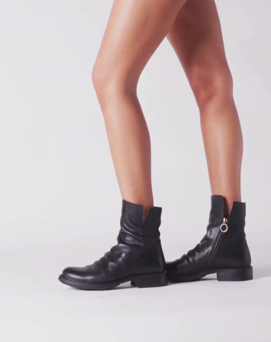 Fiorentini + Baker, ETERNITY ELF, Women black smooth leather ankle boots with slightly ruched vamp and inside zip-Made in Italy-video