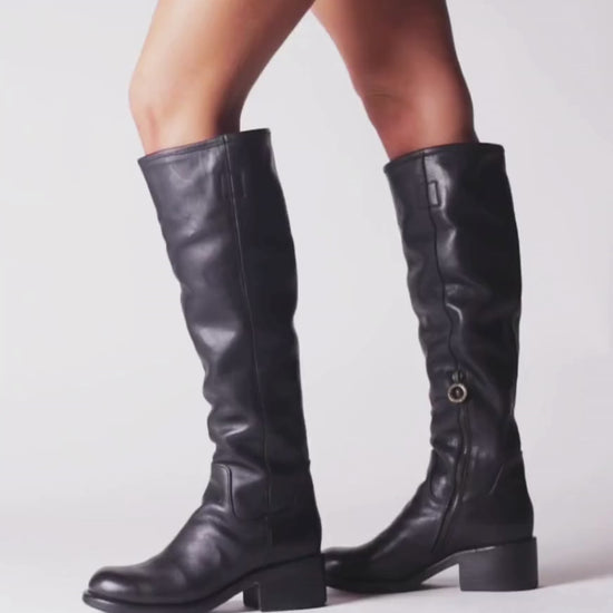 Fiorentini + Baker, MIX MINK, Black leather women knee high boots with inside zip, squared toe and 5cm heel-Made in Italy-video