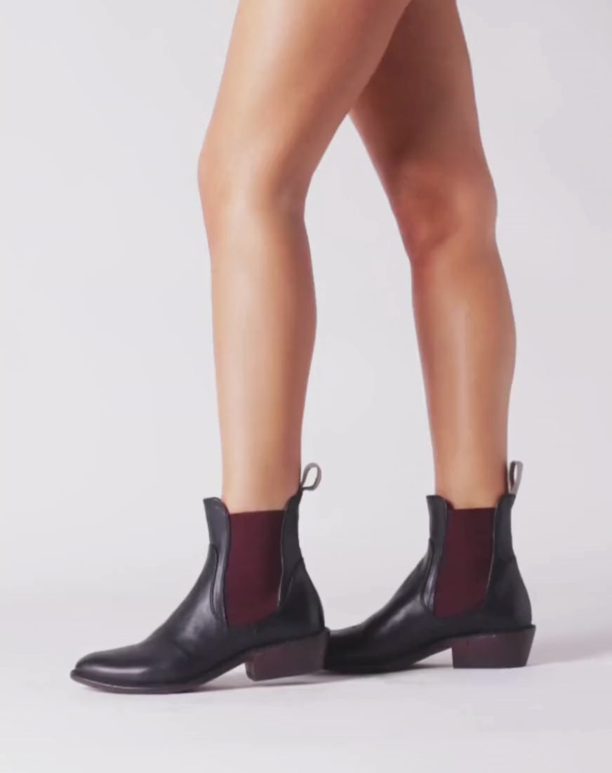 ROCKER RULE Black leather slip-on ankle boots with red