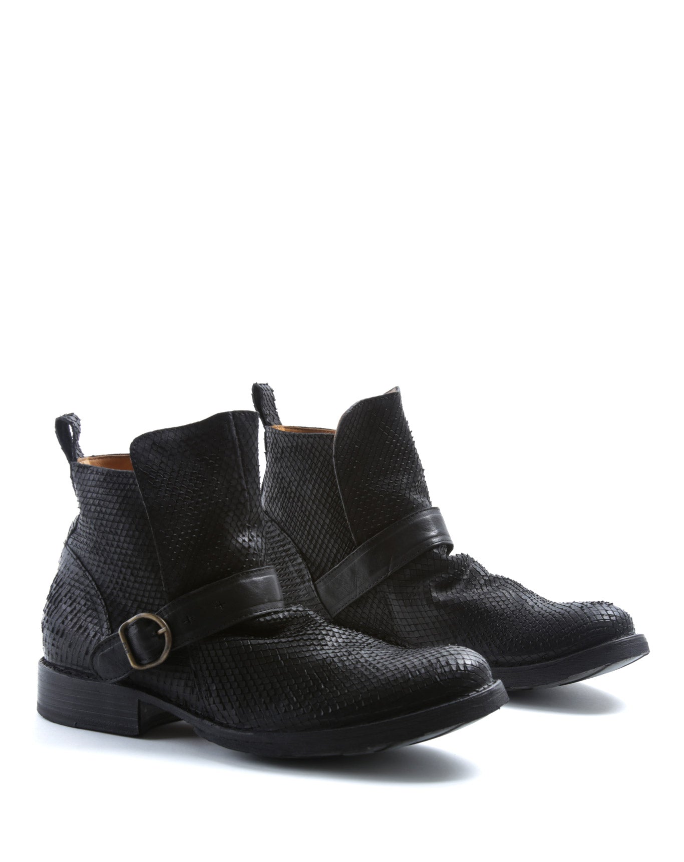 FIORENTINI + BAKER, ETERNITY EEK, Ankle biker boots with adjustable strap in black laser cut leather-Made in Italy-lateral