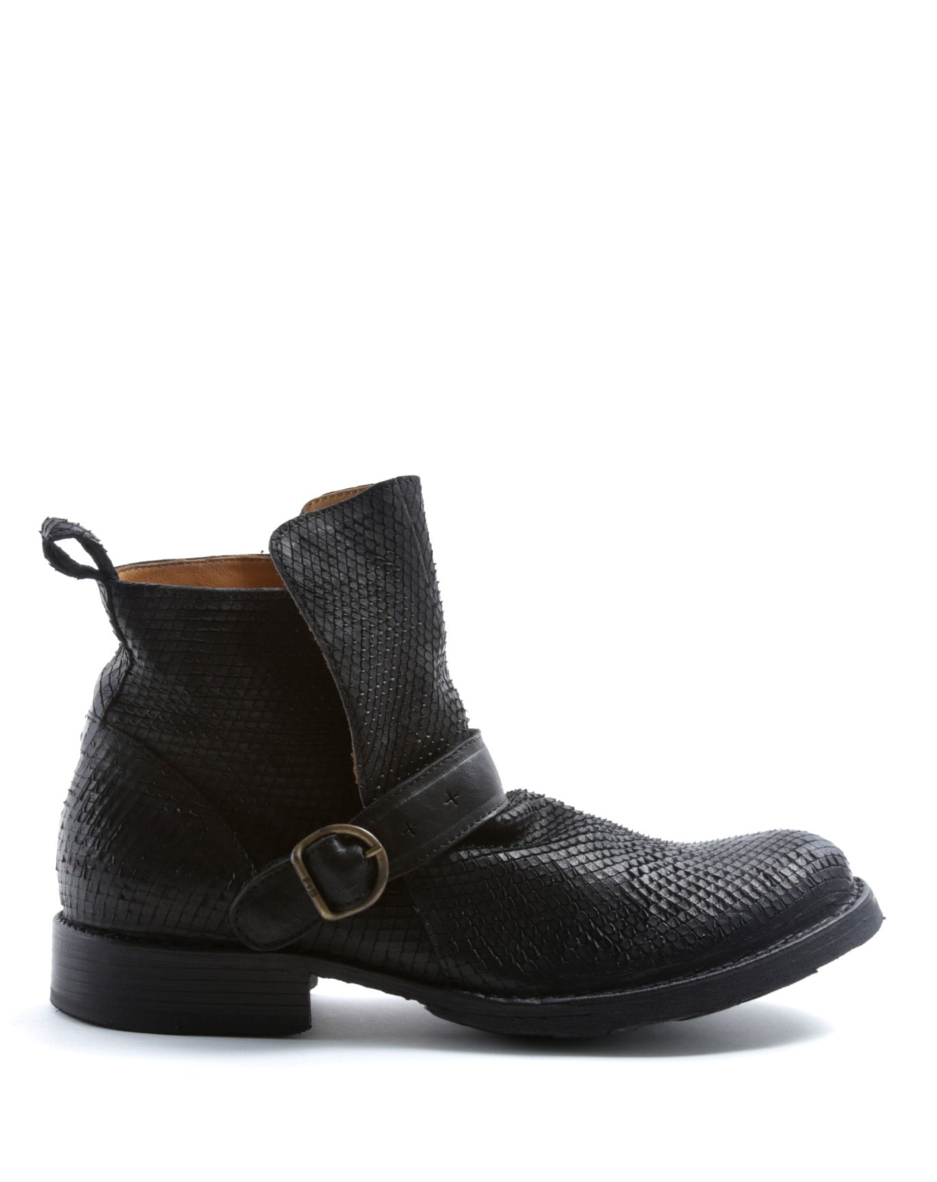 FIORENTINI + BAKER, ETERNITY EEK, Ankle biker boots with adjustable strap in black laser cut leather-Made in Italy-side