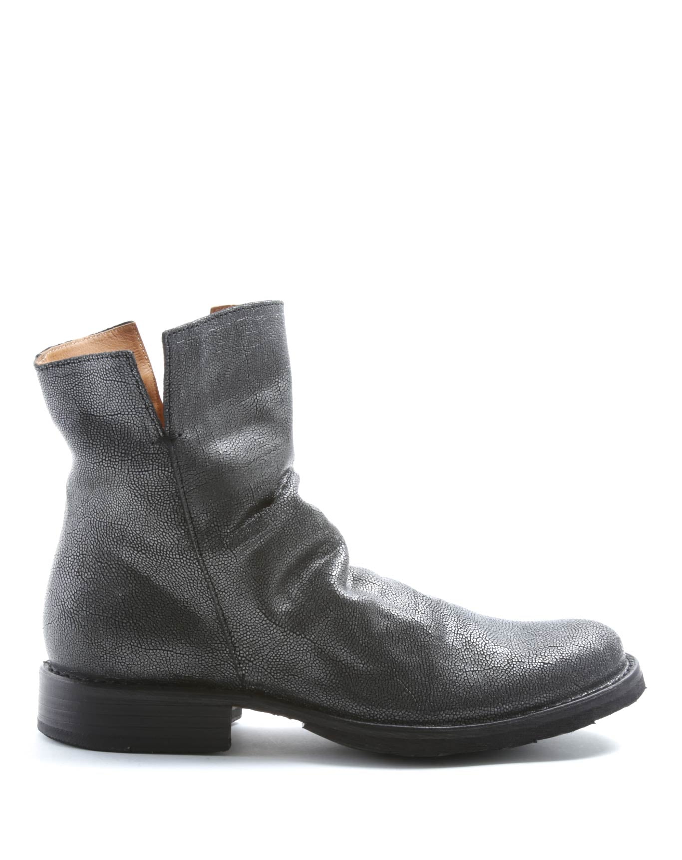 Fiorentini + Baker, ETERNITY ELF, Dark silver textured leather ankle boots with slightly ruched vamp and inside zip-Made in Italy-side