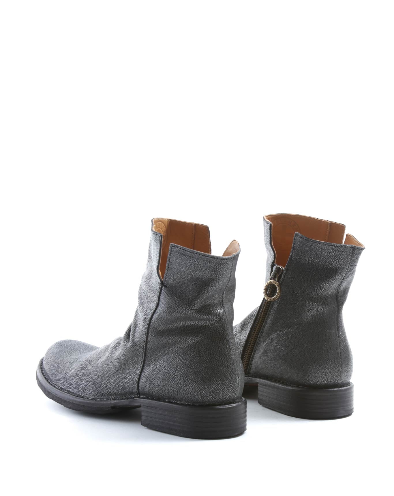 Fiorentini + Baker, ETERNITY ELF, Dark silver textured leather ankle boots with slightly ruched vamp and inside zip-Made in Italy-back