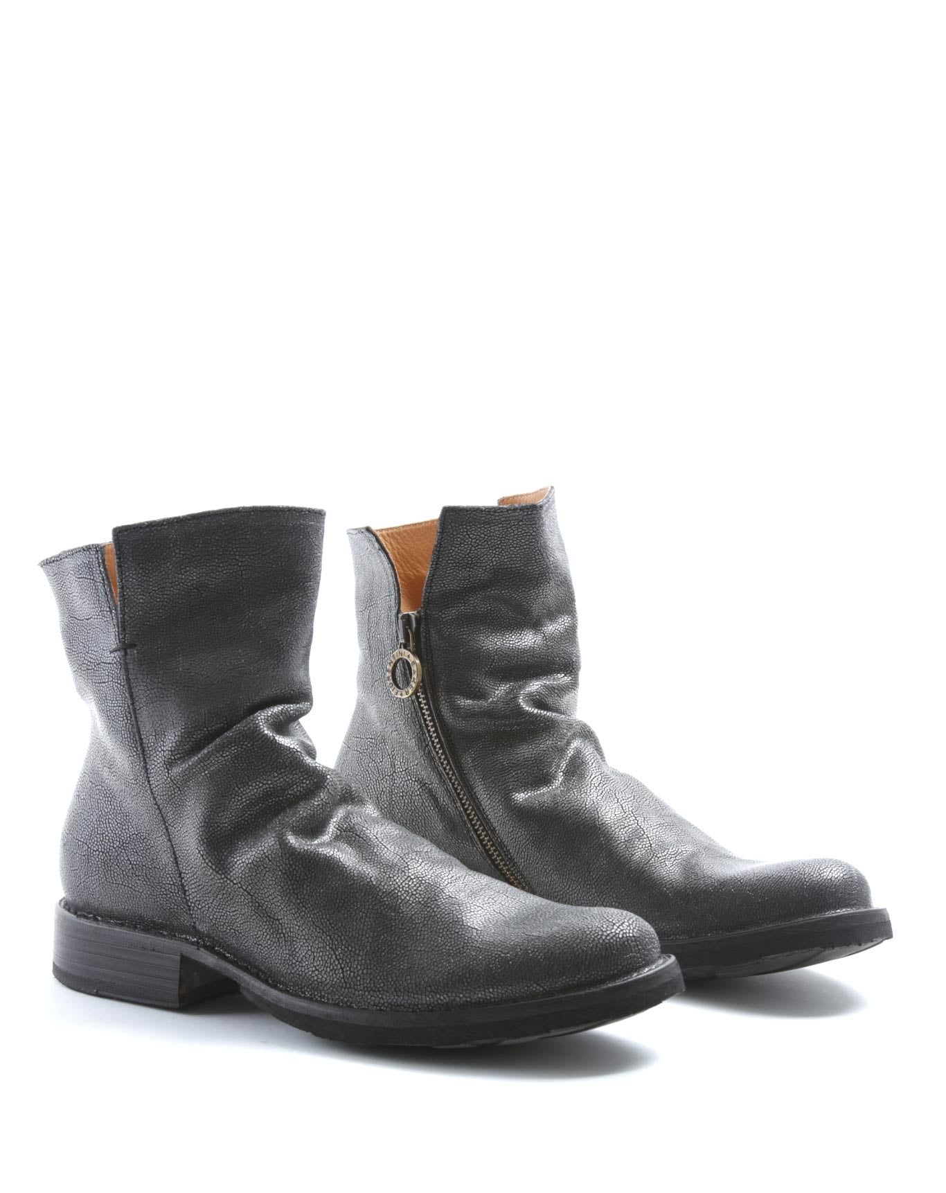 Fiorentini + Baker, ETERNITY ELF, Dark silver textured leather ankle boots with slightly ruched vamp and inside zip-Made in Italy-lateral