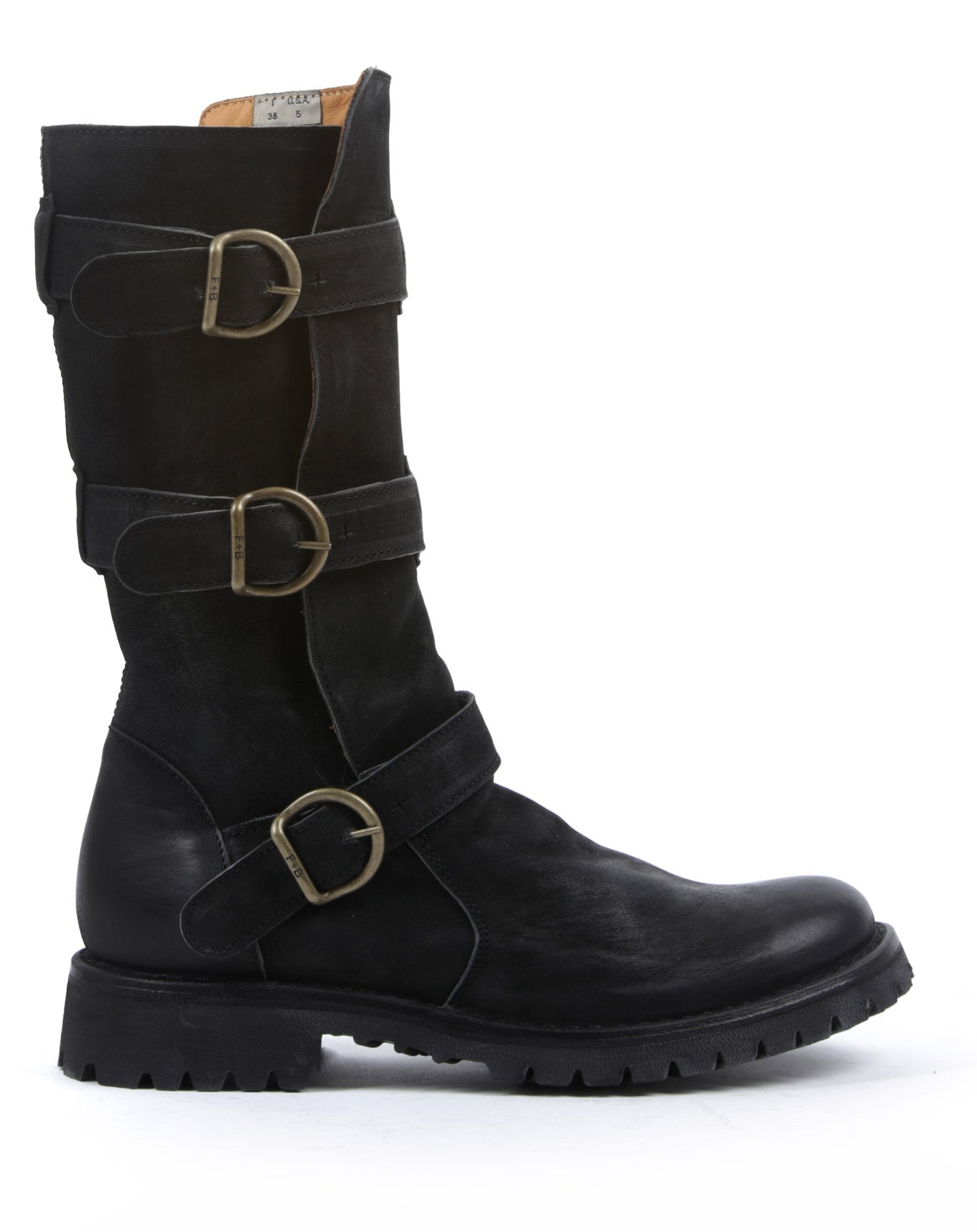 Fiorentini + Baker, ETERNITY MASSIVE M-7040, Black leather tall boots with 3 buckles and thick rubber sole-Made in Italy-side