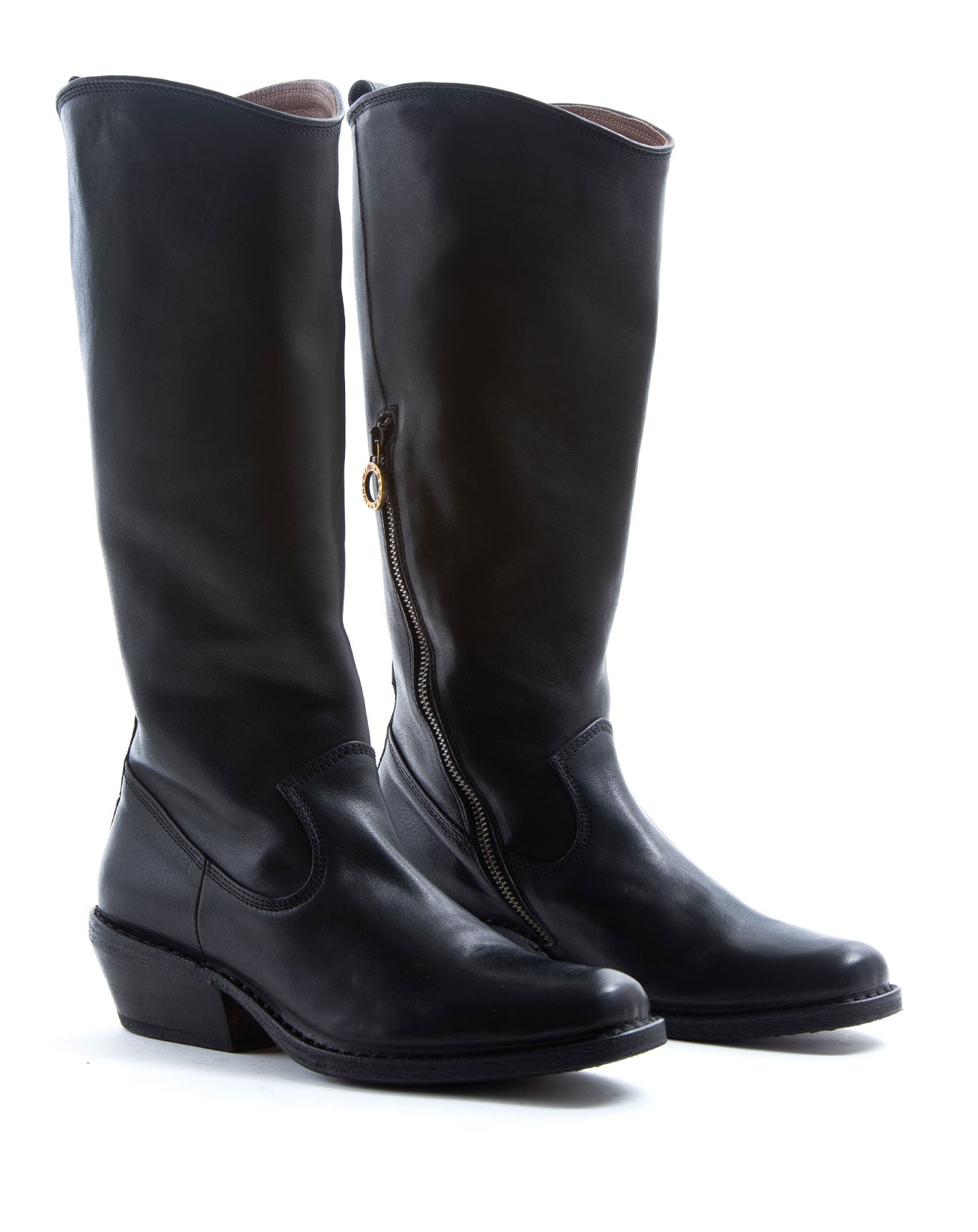 Fiorentini + Baker, CUBAN CATY, Black leather tall boots with squared off toe and Cuban heel-Made in Italy-lateral