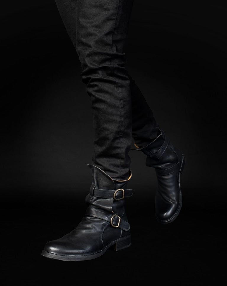 Fiorentini + Baker, ETERNITY 713, Black leather tall ankle boot with buckles-Made in Italy-worn